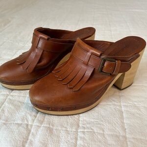 Madewell Brown Leather Clogs with Fringe Detail